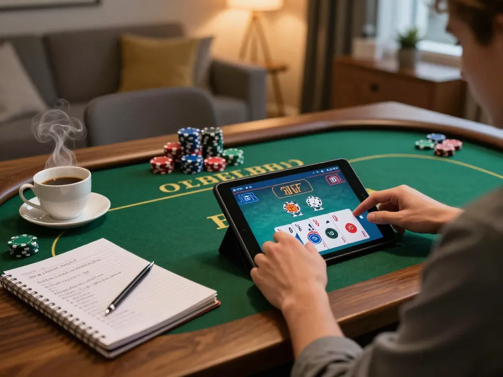 Engaging in an intense online casino game through Link SC88 on a tablet, showcasing strategy and excitement.