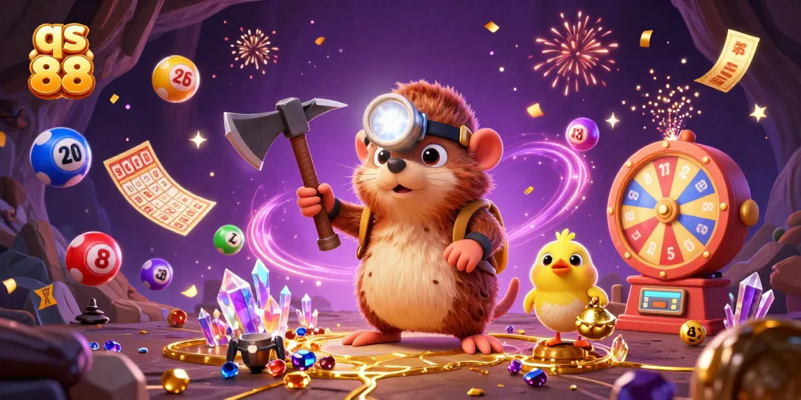 Experience excitement at qs 88 with a vibrant illustration of a treasure hunter and canary amid dynamic gaming elements.