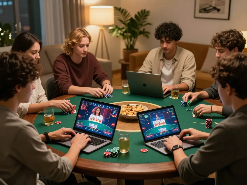 Friends engaging in strategic online poker gameplay on debet23, showing focused interaction and lively atmosphere.