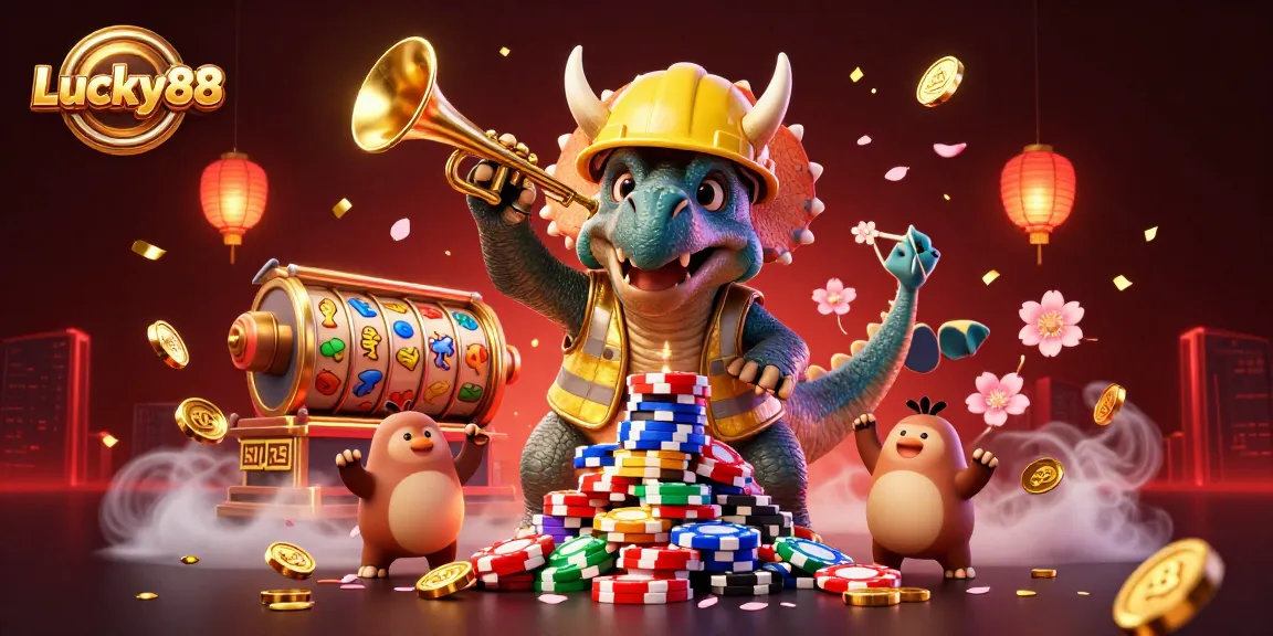 Experience the thrill of Lucky88 as a triceratops builds poker chips amidst celebration and dynamic casino elements.