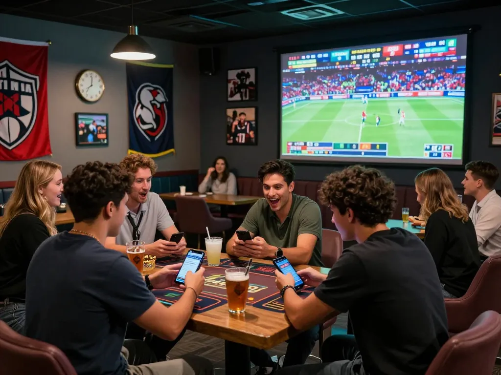 Friends enjoying sports betting at Topbet lounge, lively atmosphere, large screen, drinks on table.