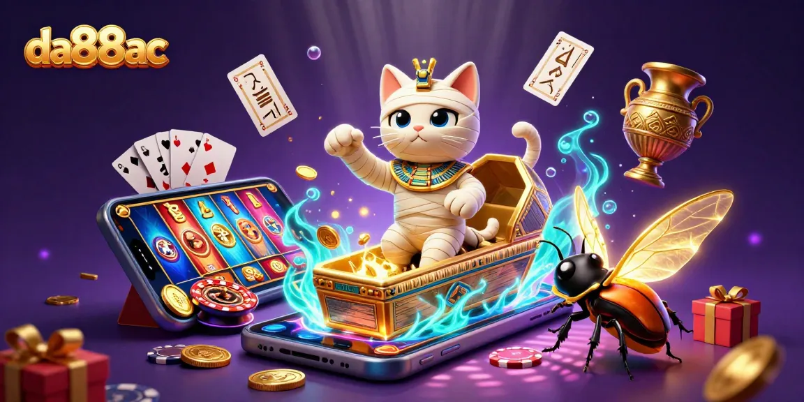 Engage in thrilling gameplay at da88ac with a dynamic casino scene featuring a mummy cat and glowing scarab.