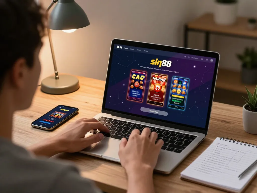 Access sin88 login from a stylish home office setup featuring a laptop and smartphone for online gaming.