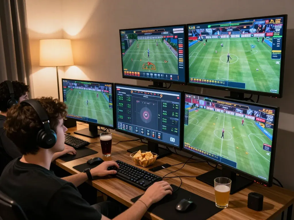 Exciting online sports betting setup at home with live event analysis on screen at o8