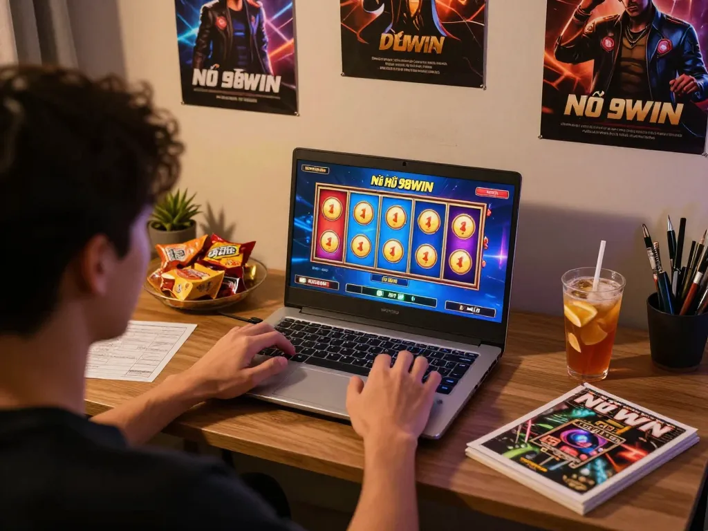 Nổ Hũ 98WIN slot game in action, player engaged in online gaming at home.