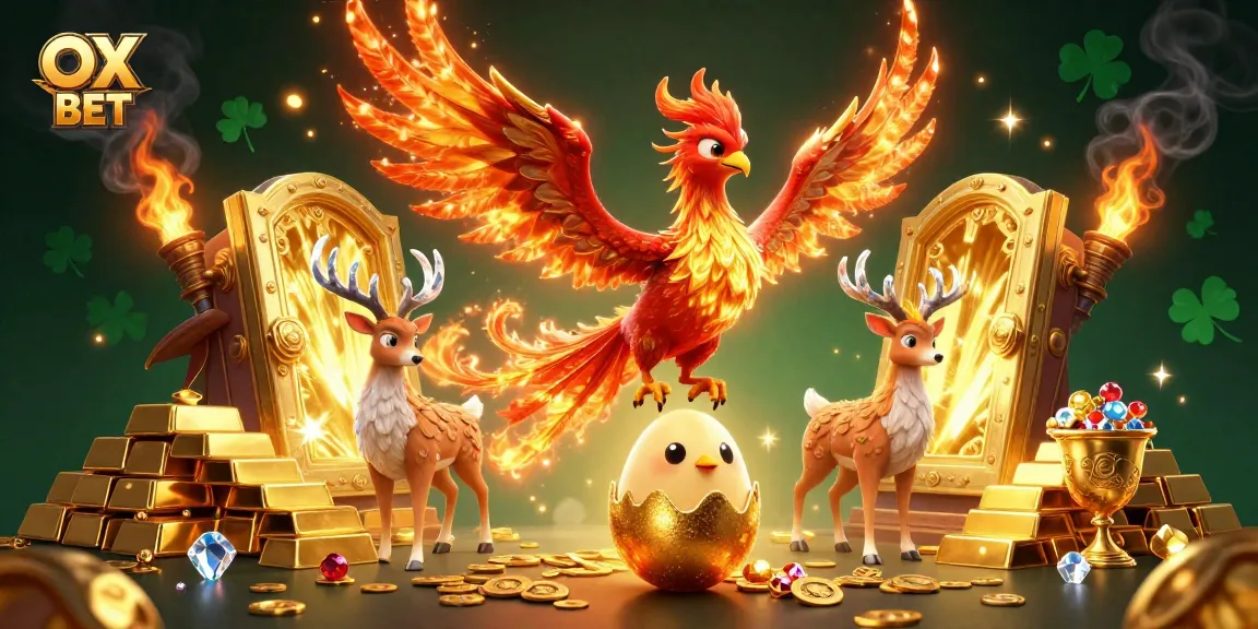 Experience the thrilling world of OX BET with a dynamic illustration featuring phoenixes and treasures.