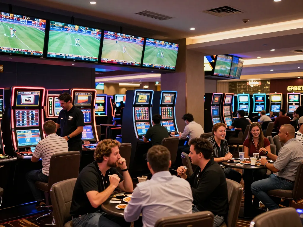 Betting action at FABET sports lounge with bettors engaged in placing wagers.