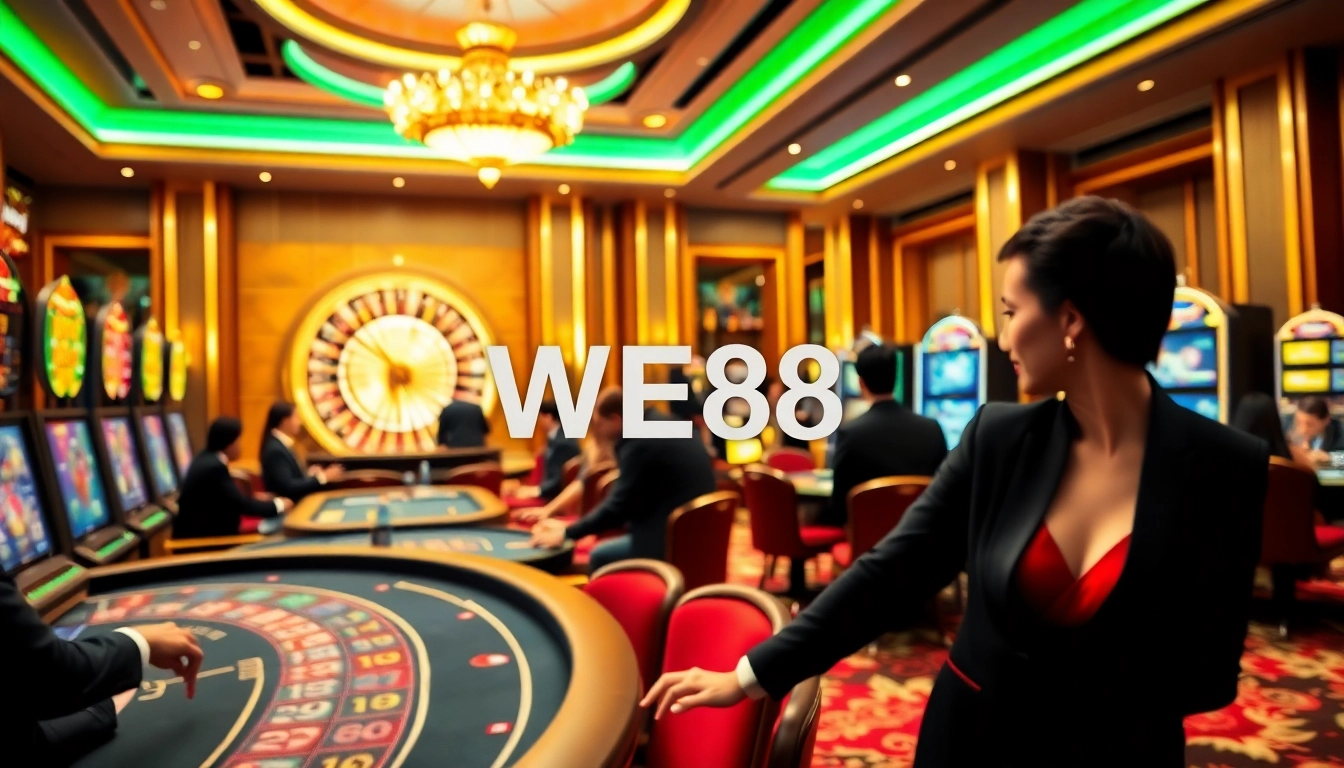 Excited players enjoying their time at WE88 casino with vibrant tables and slot machines.
