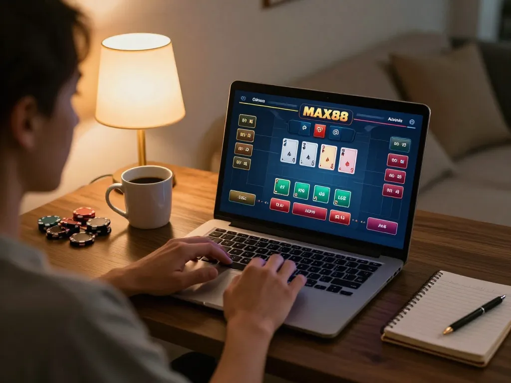 Engaging with online casino gameplay on a laptop at MAX88, showcasing responsible gambling.