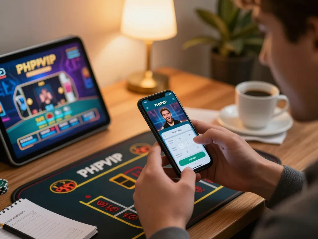 PHPVIP gaming enthusiast engaging with live dealer app on smartphone at home.