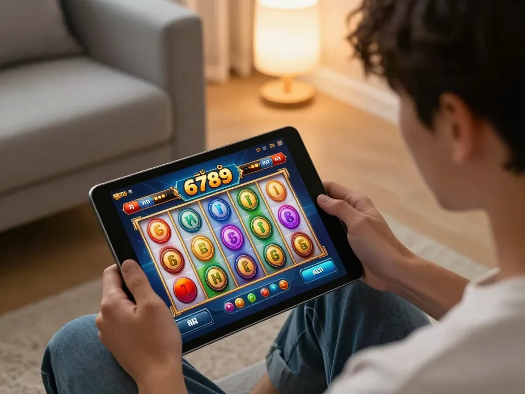 Engaging with the nổ hũ 6789 online slot game on a tablet during a cozy home gaming session.