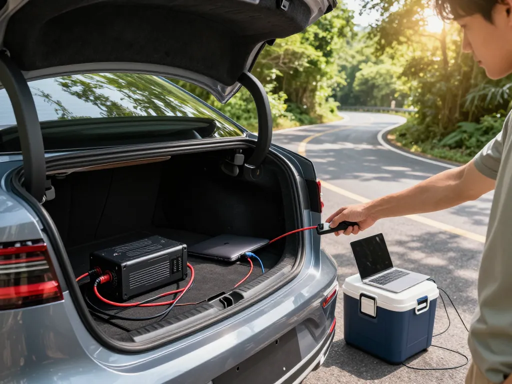 Auto omvormer installatie die het opladen van apparaten in de kofferbak demonstreert.