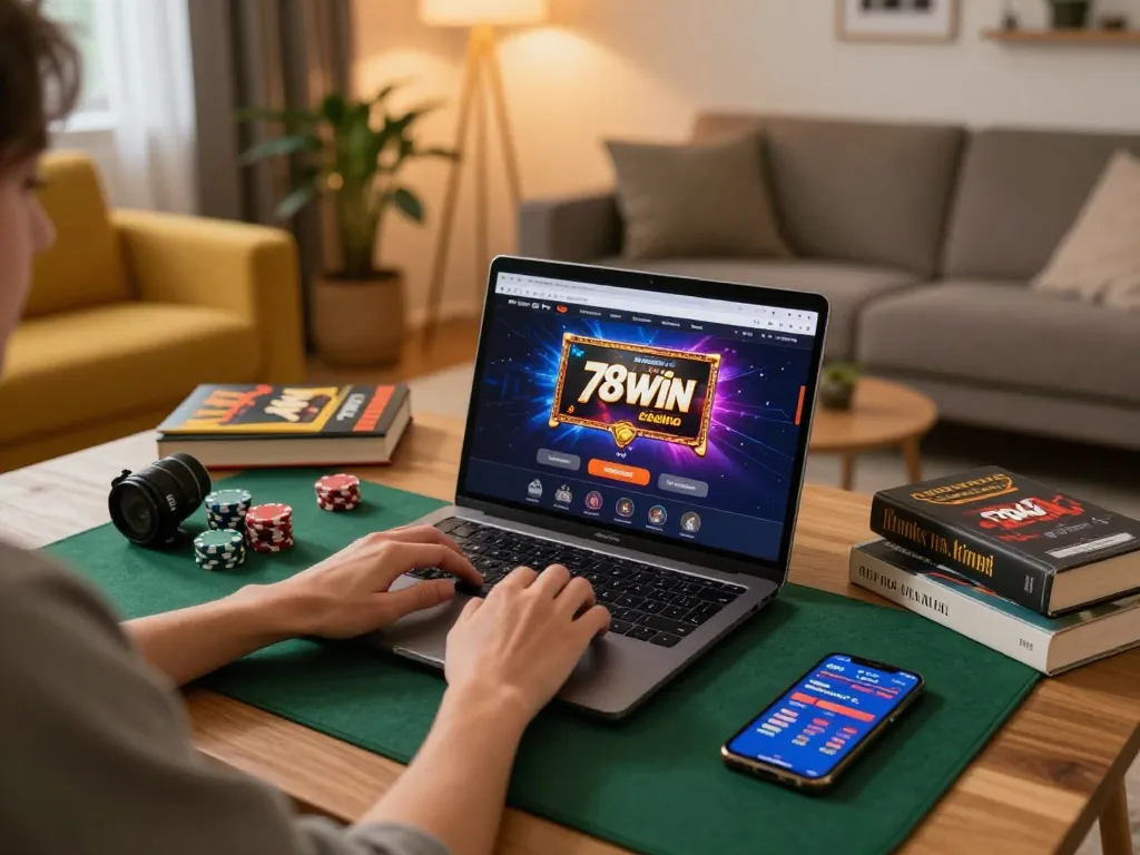 Person strategically playing on the 78win platform in a cozy home setup