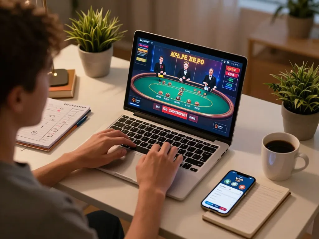 VA88 online gaming session with live dealer blackjack on laptop and strategic notes
