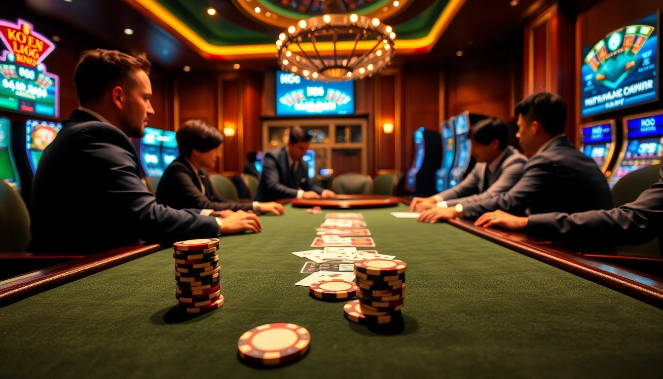 Các người chơi tận hưởng một trò chơi có cược cao tại casino sang trọng của KO66, với những chip poker và lá bài sống động.