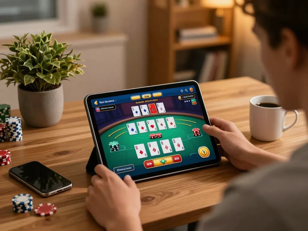 Engaging with trang chủ 11BET through a mobile device for strategic online poker gameplay in a cozy home setting.