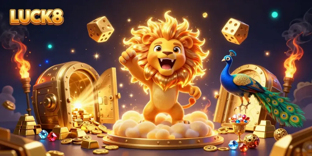 Engage with LUCK8 as a roaring lion symbolizes victory amidst a dazzling casino universe.