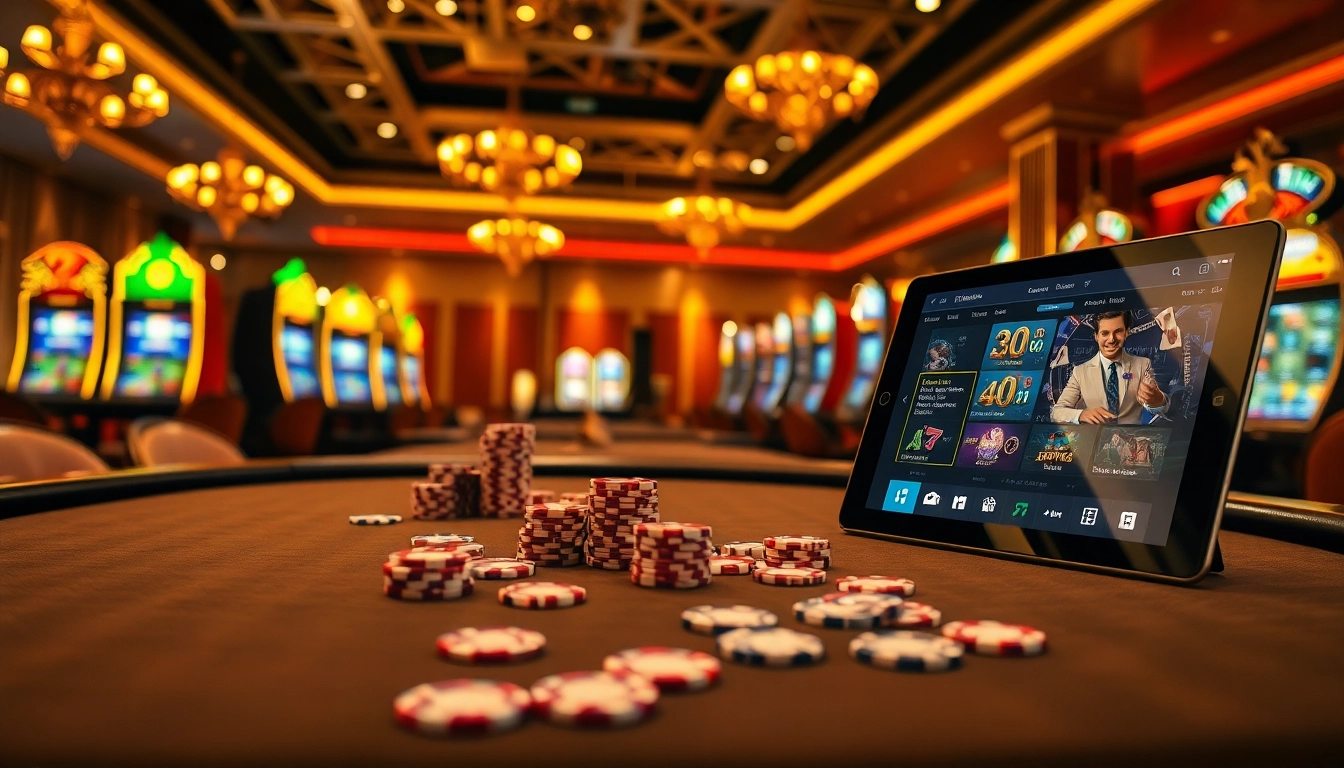 The thrilling atmosphere of 23win1.de.com casino featuring vibrant slot machines and luxurious poker tables.