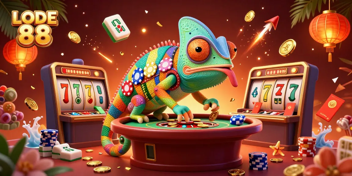 Engage with LODE 88 at the vibrant casino, featuring colorful chameleon characters and immersive game elements.