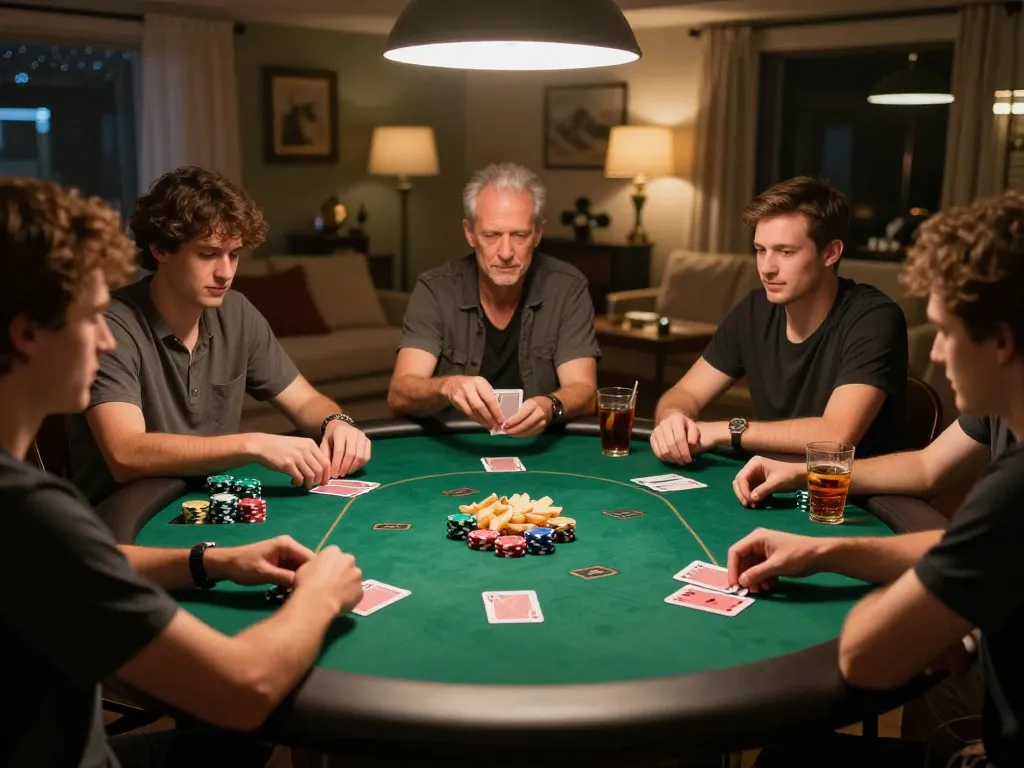 Players enjoying a friendly poker game at home, showcasing ta88 style social gambling with cards and chips.