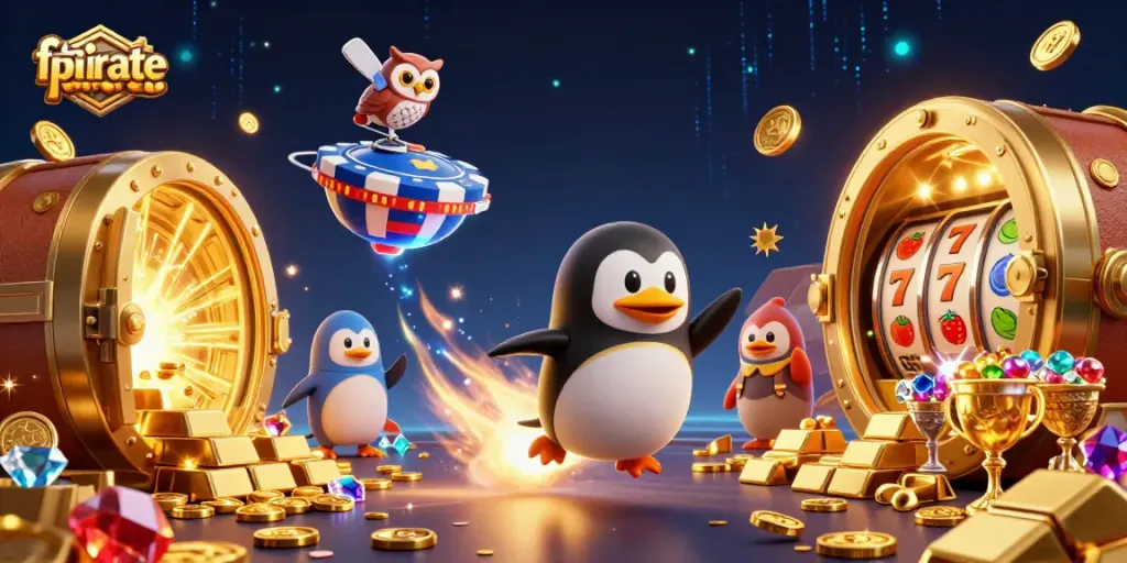 Experience the thrilling adventure of fatpirate as a golden penguin blasts through a vibrant casino world.
