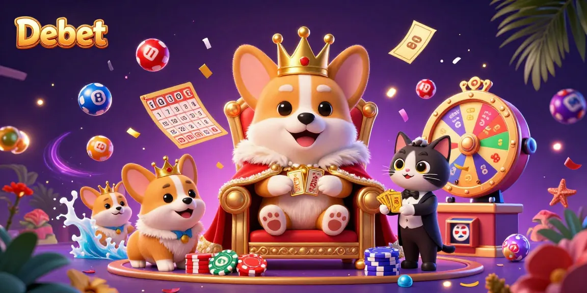 Engage with Debet's lively atmosphere featuring a royal corgi on a throne with vibrant lottery elements.