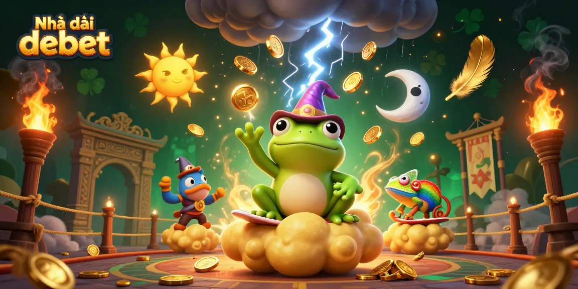 Experience fortune at Nhà cái debet with vibrant golden coins and whimsical characters in a magical casino.