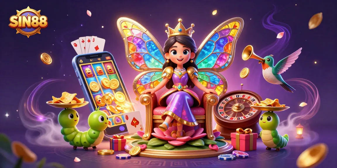 SIN88 captivates players with an enchanting casino illustration featuring a butterfly queen and vibrant slot game elements.