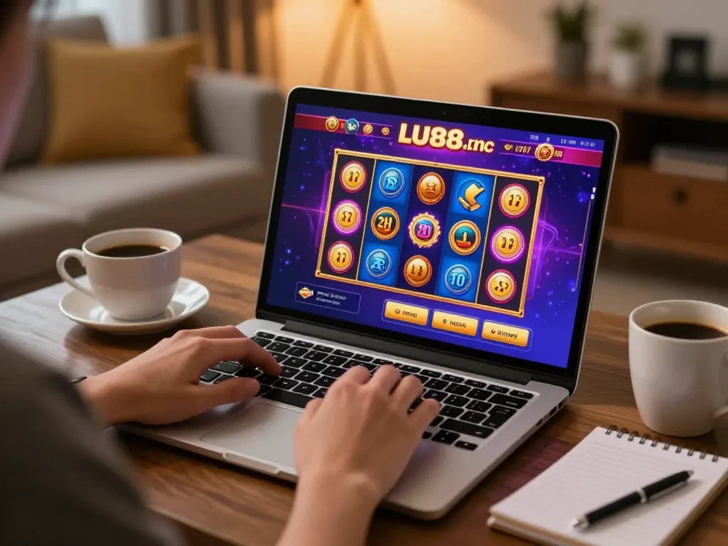 Engaging with LU88.vnco online casino on a laptop at home, showcasing a vibrant gaming atmosphere.