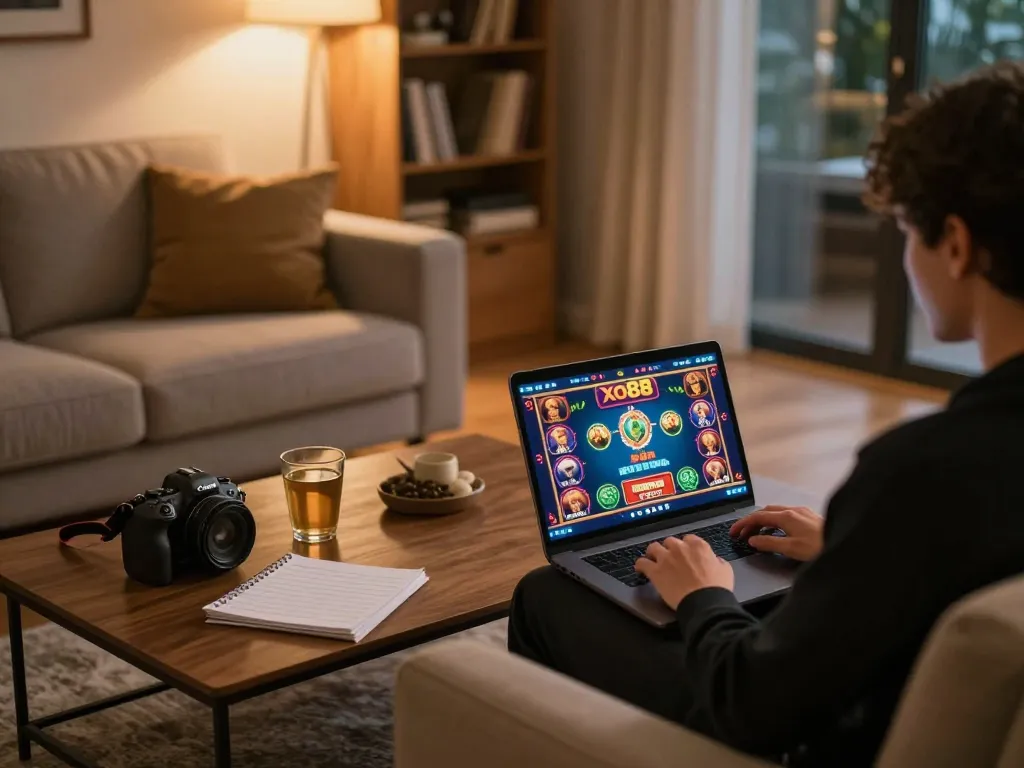 Xo88 online gameplay highlighted on a laptop in a cozy living room with strategic notes nearby.