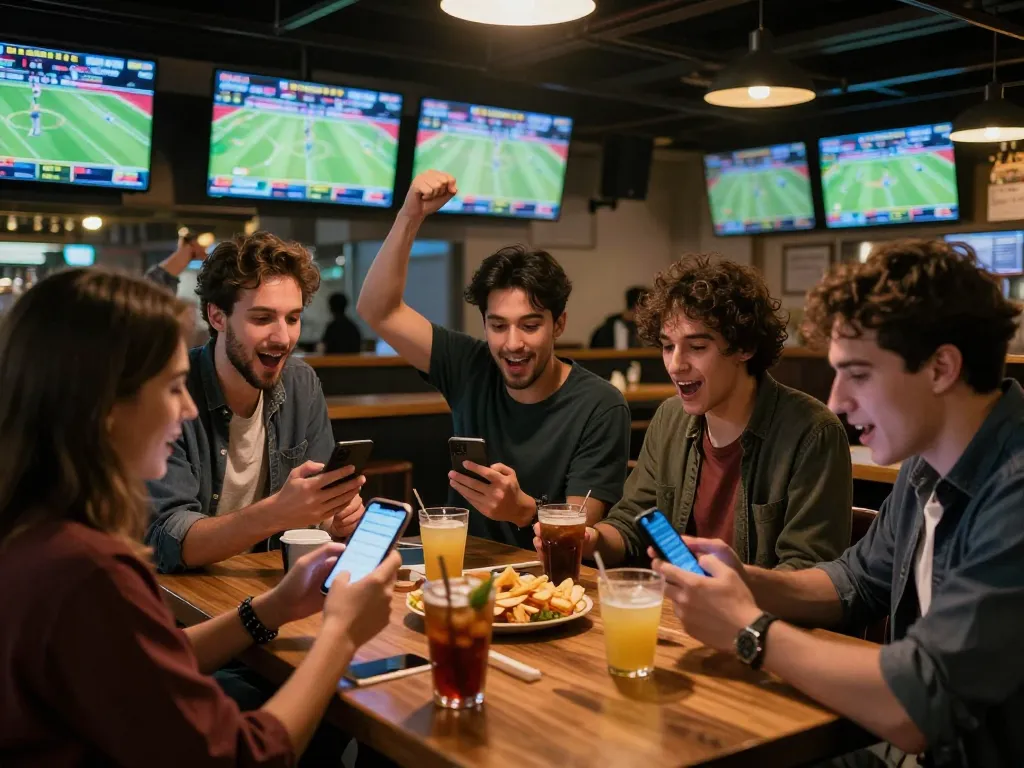 Engaged bettors analyzing kèo nhà cái odds in a lively sports bar atmosphere