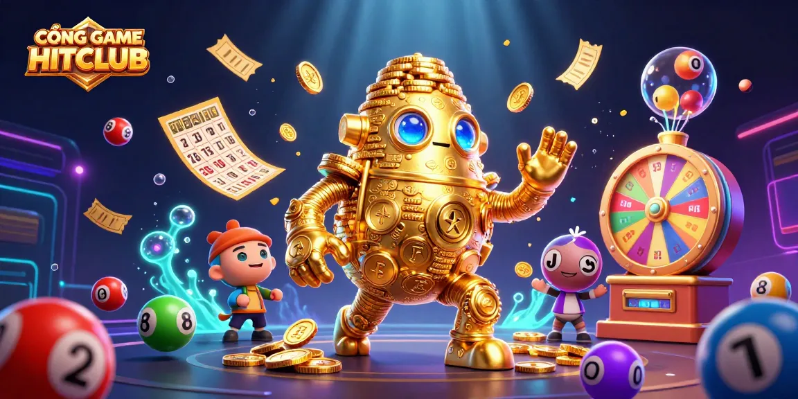 CỔNG GAME HITCLUB brings thrilling gameplay with a lively 3D golden golem surrounded by dynamic lottery elements.