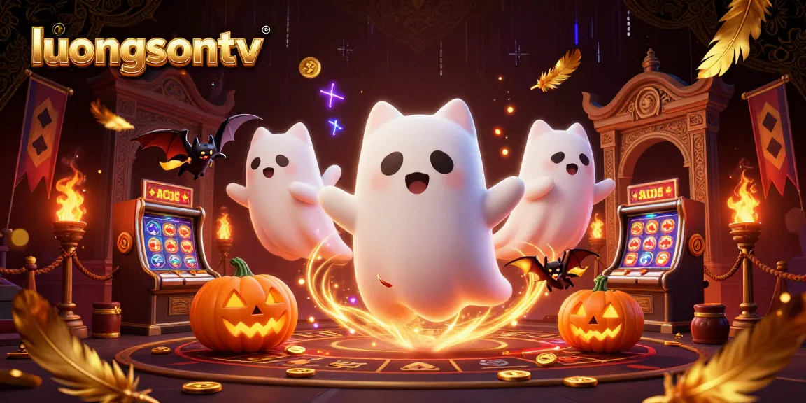 Experience thrilling gaming at luongsontv with a lively ghost cat and vibrant decorations.