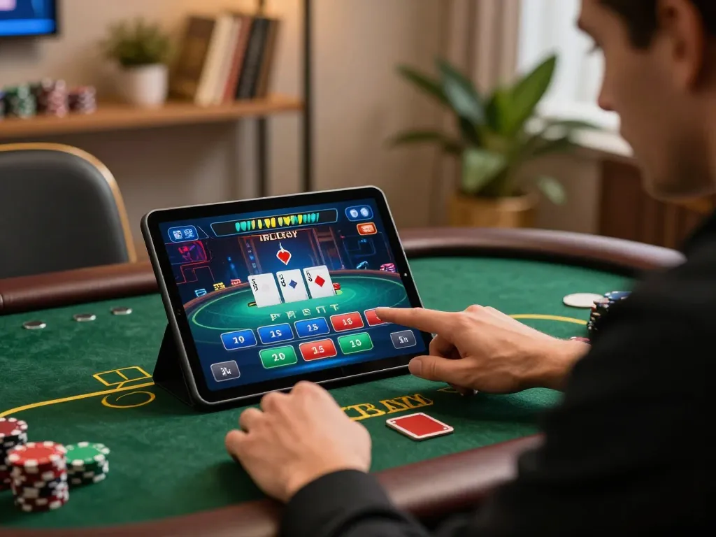 Engaged player enjoying 11win com's poker game on tablet in a stylish home setup.