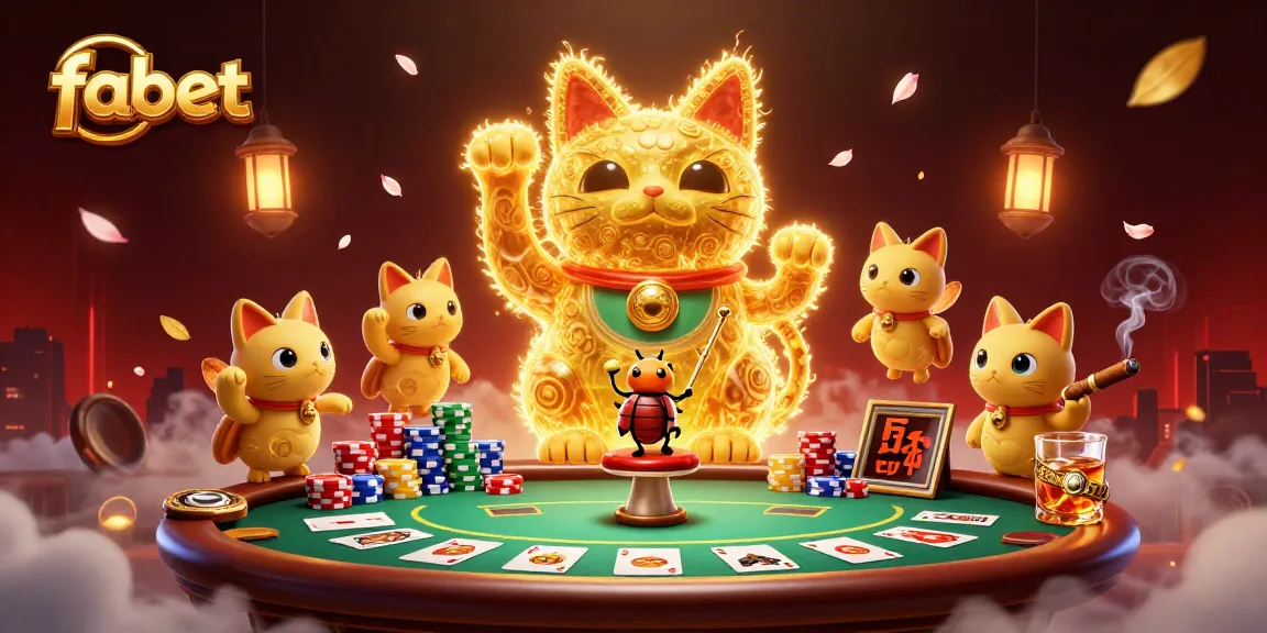 Experience fabet's vibrant gaming scenes with a lucky cat symbolizing fortune amidst poker excitement.