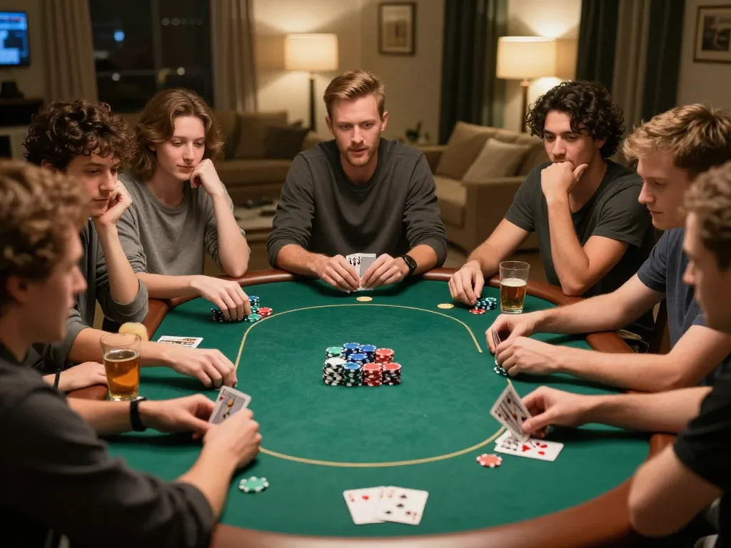 Players engaging in social gameplay at a home poker night, showcasing FABET trang cá cược strategies in action