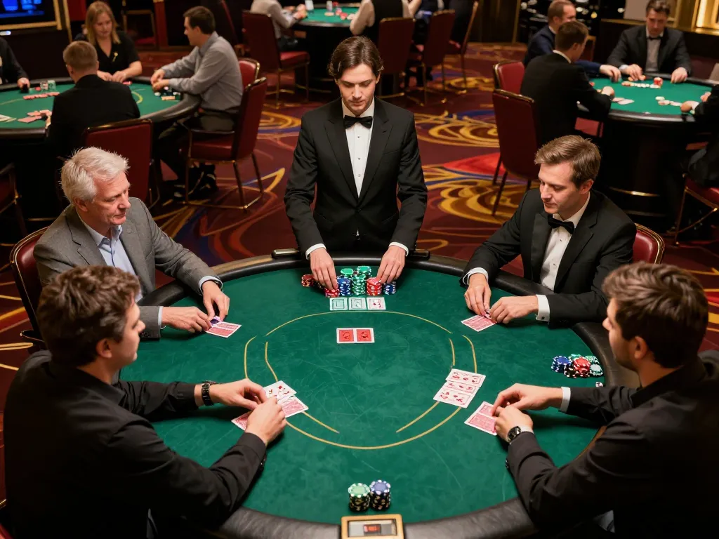 Play poker at ALO8 with friends, surrounded by vibrant casino atmosphere, and competitive energy.