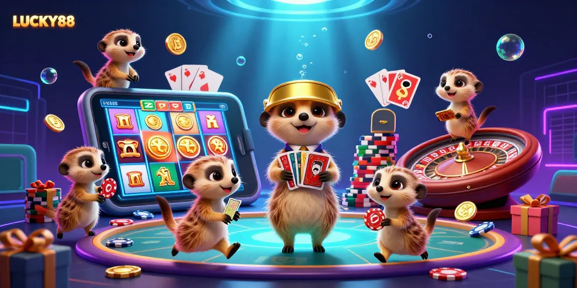 Experience thrilling gameplay at LUCKY88 as meerkats run a vibrant casino with cards, chips, and colorful games.