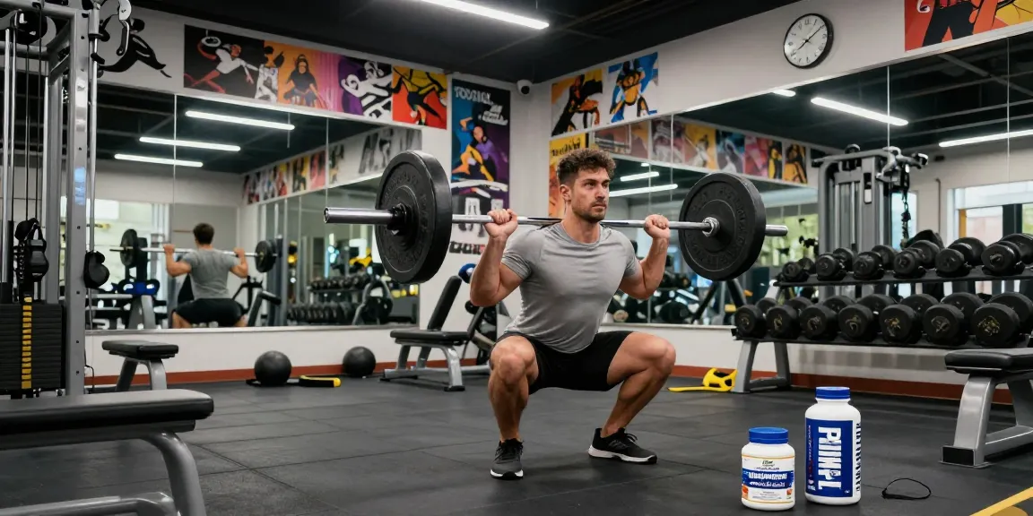 Muscular athlete performing barbell squat at gym, showcasing Prime Pharma Steroiden for muscle growth.