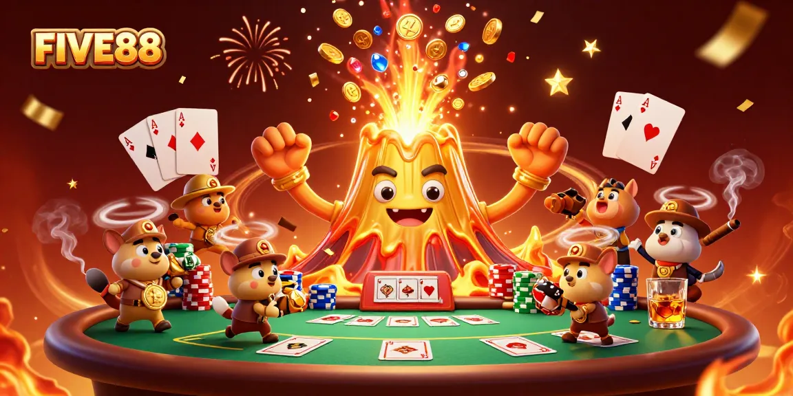 Engage in thrilling gameplay with FIVE88, featuring a triumphant volcano and treasure-filled scene.