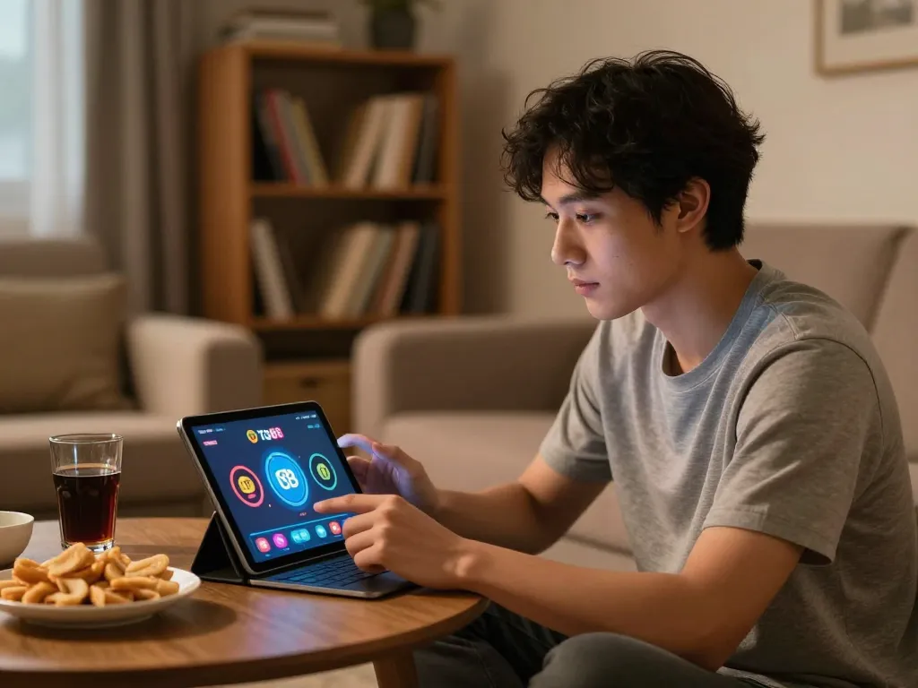 TG88 user engaging in responsible gaming on a tablet, enjoying a comfortable home atmosphere.