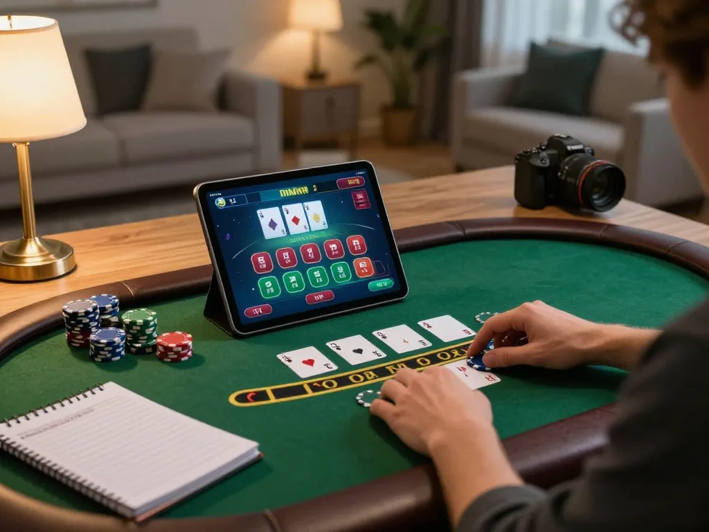 Player engaging in blackjack on a tablet while surrounded by strategic notes and poker chips at home, featuring fabet content