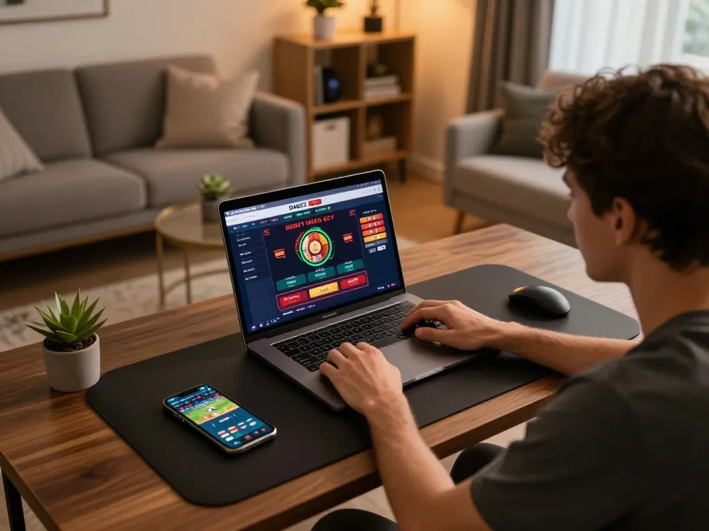 DABET HOA KỲ player engaging with online casino games on a stylish laptop, emphasizing strategic betting.