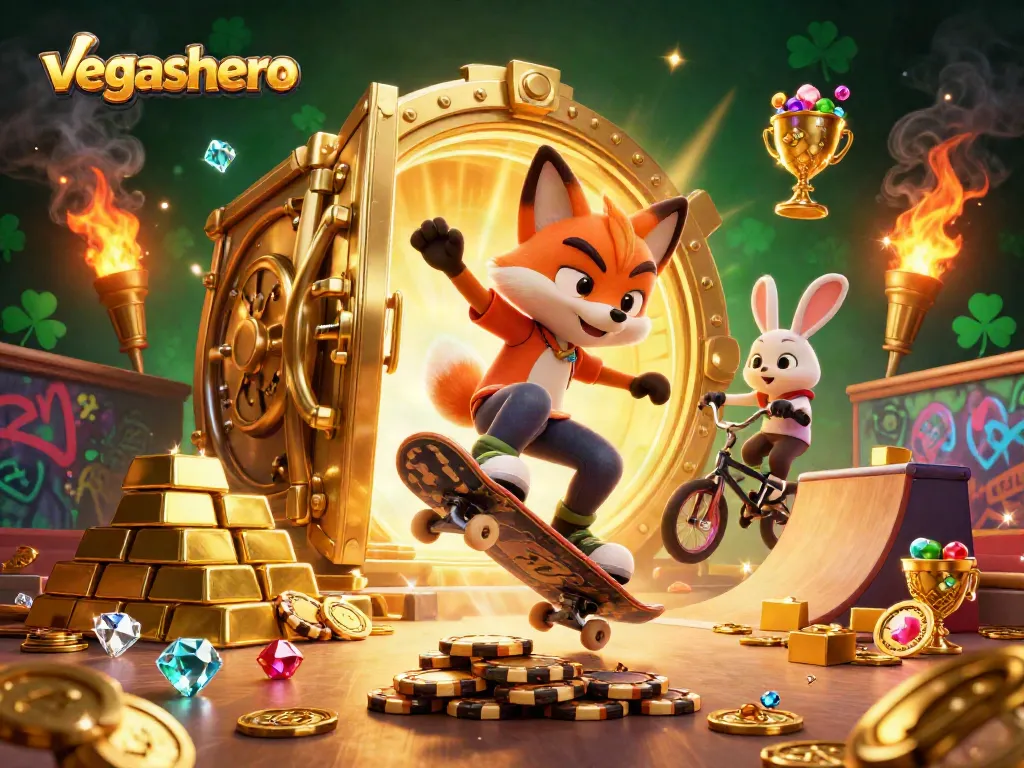 Join the fun at VegasHero with a skateboarder fox and rabbit in a vibrant casino scene.