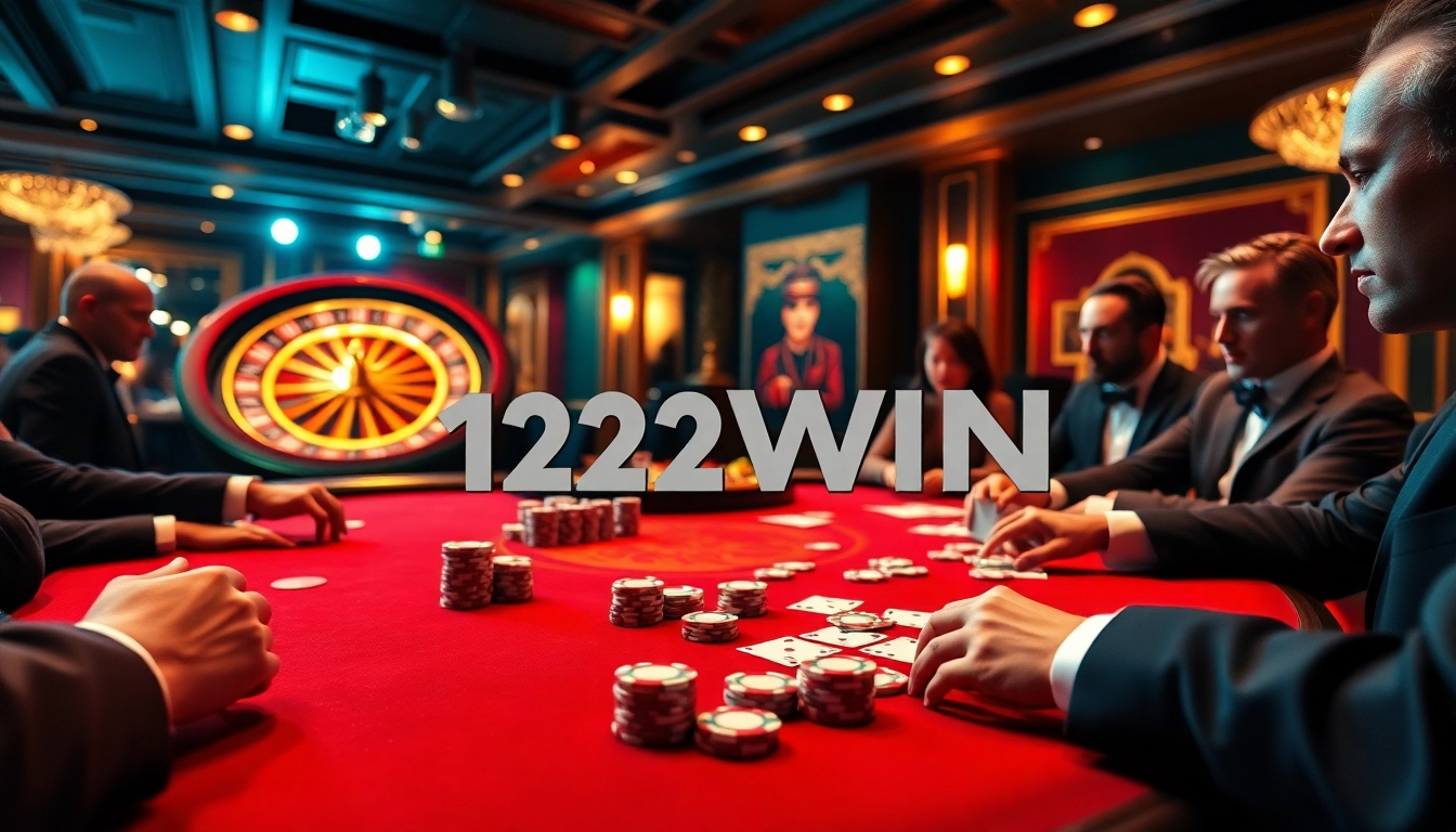 Players betting high at a poker table in a luxurious 123WIN casino atmosphere.