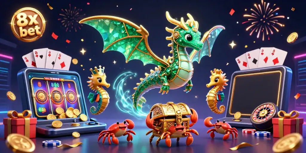 Experience the thrill of 8x bet with a vibrant 3D casino scene featuring iconic gaming elements.
