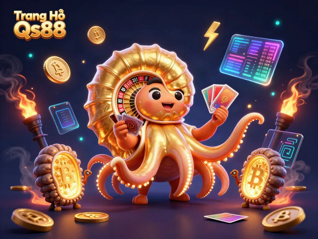 Engage with Trang Chủ Qs88's exciting gaming world through vibrant 3D casino art featuring a golden roulette shell and crypto elements.