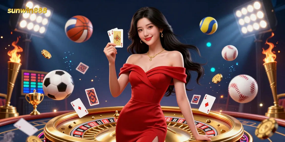 Engage with sunwin888, showcasing a glamorous Asian woman at a roulette wheel, amidst vibrant gambling elements.