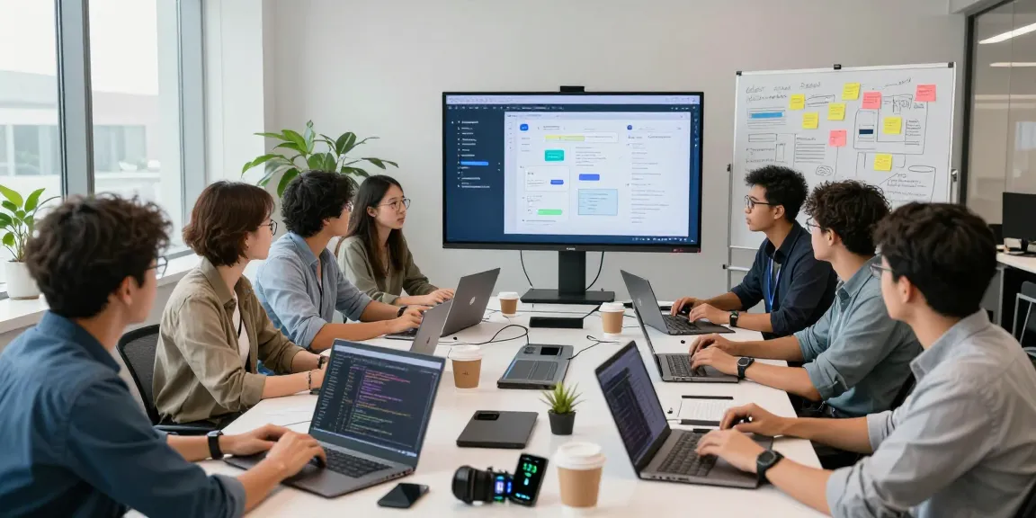 Build internal tools with AI in a vibrant collaborative workspace with diverse professionals and technology.