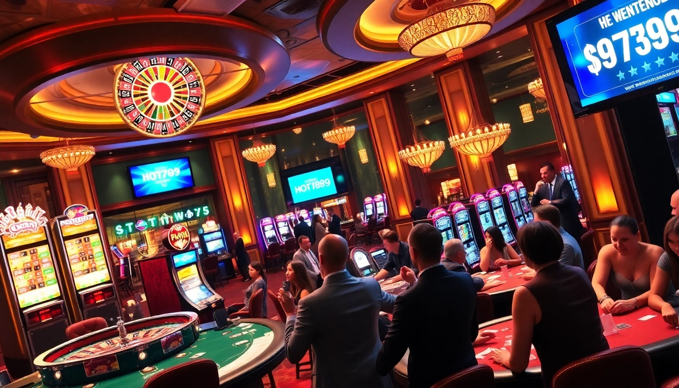 Excited players showcasing their wins at HOT789 casino tables with vibrant slot machines.